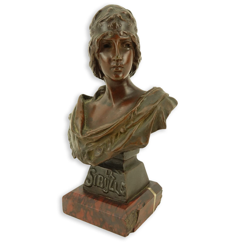 Emmanuel Villanis, French (1858 - 1914) "La Sybille" Patinated Miniature Bronze Sculpture on Marble Base, Signed "Tiffany & Co.", Artist Signed, and Titled Lower.