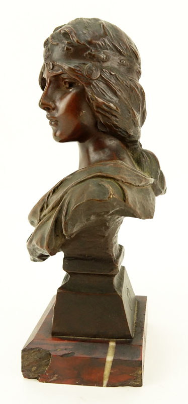 Emmanuel Villanis, French (1858 - 1914) "La Sybille" Patinated Miniature Bronze Sculpture on Marble Base, Signed "Tiffany & Co.", Artist Signed, and Titled Lower.