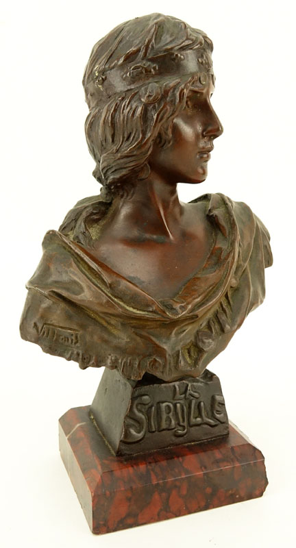 Emmanuel Villanis, French (1858 - 1914) "La Sybille" Patinated Miniature Bronze Sculpture on Marble Base, Signed "Tiffany & Co.", Artist Signed, and Titled Lower.