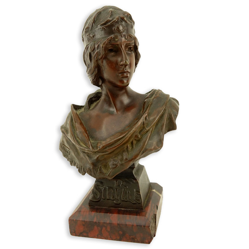 Emmanuel Villanis, French (1858 - 1914) "La Sybille" Patinated Miniature Bronze Sculpture on Marble Base, Signed "Tiffany & Co.", Artist Signed, and Titled Lower.