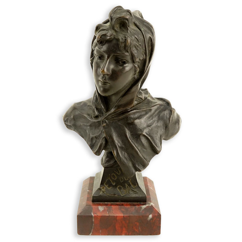 Emmanuel Villanis, French (1858 - 1914) "Retour du Bal" Patinated Miniature Bronze Sculpture on Marble Base, Signed "Tiffany & Co.", Artist Signed, and Titled Lower.