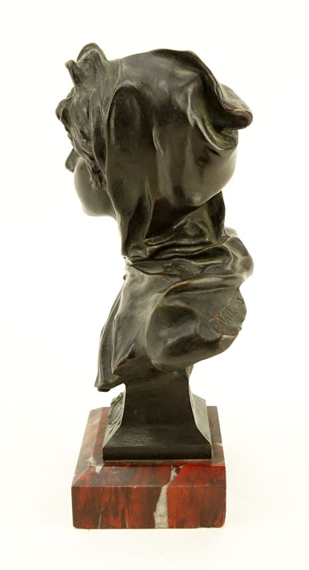 Emmanuel Villanis, French (1858 - 1914) "Retour du Bal" Patinated Miniature Bronze Sculpture on Marble Base, Signed "Tiffany & Co.", Artist Signed, and Titled Lower.