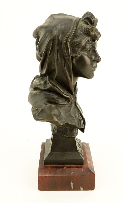 Emmanuel Villanis, French (1858 - 1914) "Retour du Bal" Patinated Miniature Bronze Sculpture on Marble Base, Signed "Tiffany & Co.", Artist Signed, and Titled Lower.