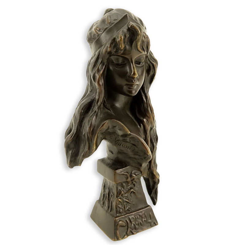 Emmanuel Villanis, French (1858 - 1914) "Carmela" Patinated Miniature Bronze Sculpture, Signed, and Titled Lower.