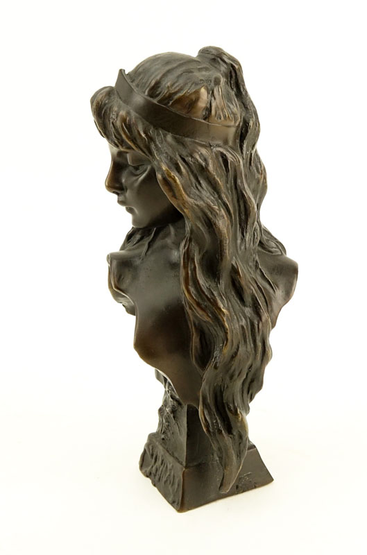 Emmanuel Villanis, French (1858 - 1914) "Carmela" Patinated Miniature Bronze Sculpture, Signed, and Titled Lower.