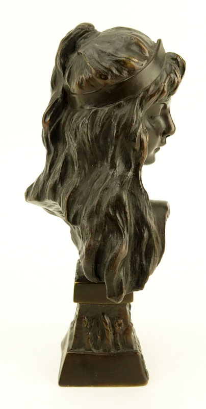 Emmanuel Villanis, French (1858 - 1914) "Carmela" Patinated Miniature Bronze Sculpture, Signed, and Titled Lower.