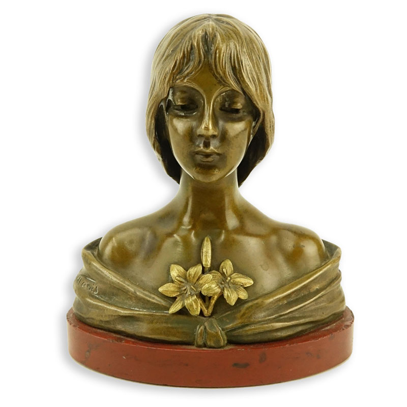 Emmanuel Villanis, French (1858 - 1914) Bronze Sculpture on Marble Base, Female Bust with Edelweiss. 