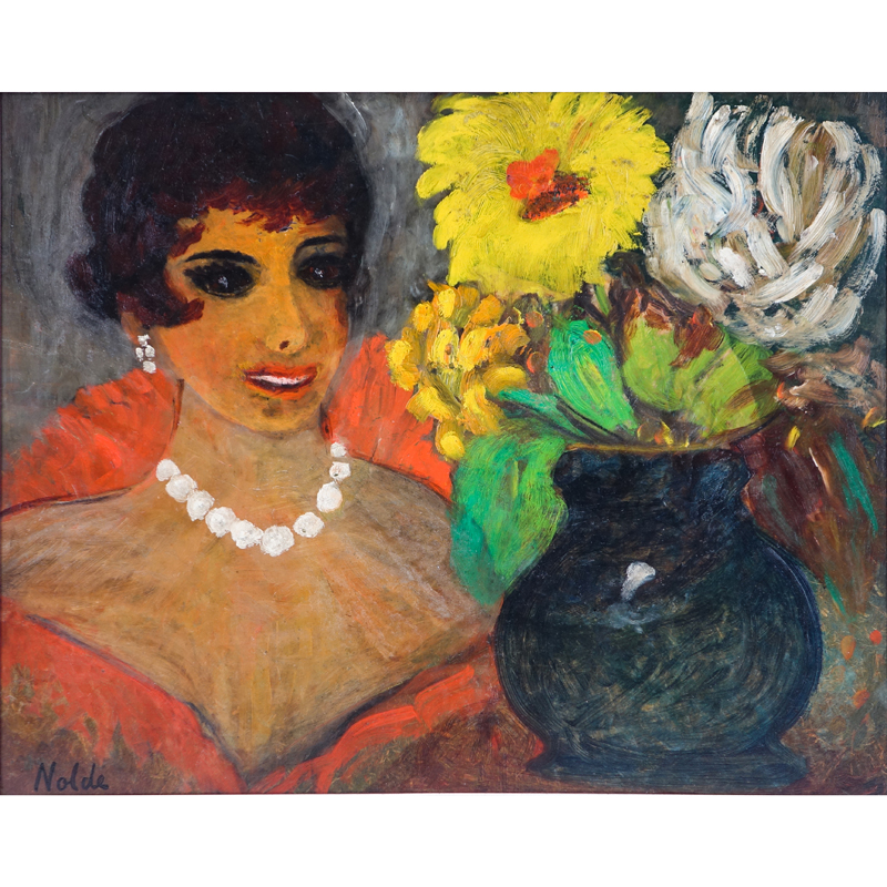 Emil Nolde, German (1867-1956) Oil on Panel, Woman with Flowers. Signed lower left. Very good condition. 