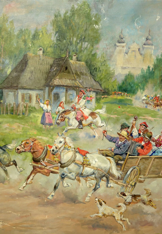 Jerzy Kossak, Polish (1886 - 1955) Oil on canvas "Ride To The Feast". 