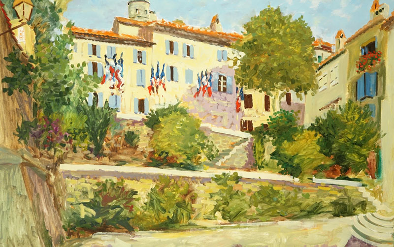 Georges Flanet, France (born 1937) Oil on Canvas "Grimaud La Mairie" Signed Lower Right. Inscribed en verso. 