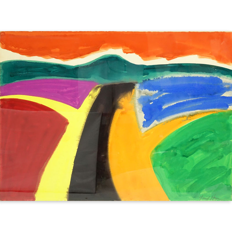 David Hayes, French/American (1931 - 2013) Watercolor on Paper, Abstract Landscape in Orange, Yellow, Green, Magenta, and Black, Signed Lower Right and Dated 1971.