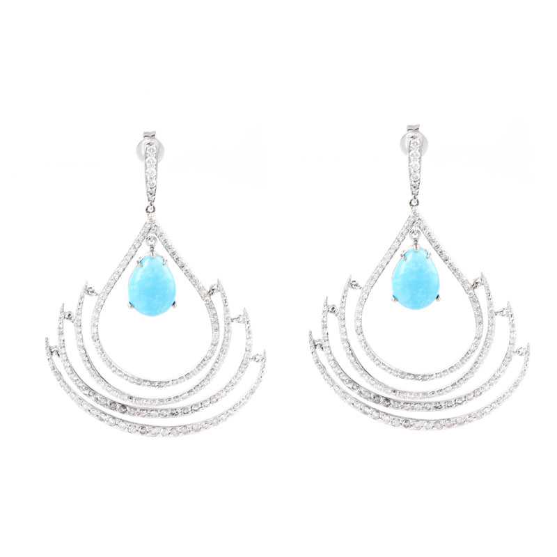 Approx. 6.43 Carat TW Pear Shape Cabochon Persian Turquoise, 3.90 Carat Round Brilliant Cut Diamond and 14 Karat White Gold Chandelier Earrings. 