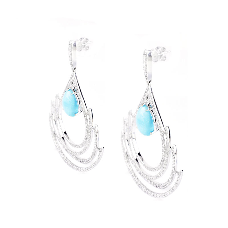 Approx. 6.43 Carat TW Pear Shape Cabochon Persian Turquoise, 3.90 Carat Round Brilliant Cut Diamond and 14 Karat White Gold Chandelier Earrings. 