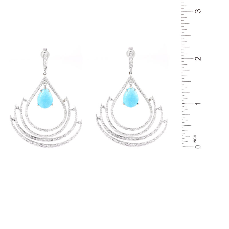 Approx. 6.43 Carat TW Pear Shape Cabochon Persian Turquoise, 3.90 Carat Round Brilliant Cut Diamond and 14 Karat White Gold Chandelier Earrings. 