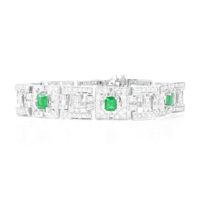 Art Deco style Approx. 4.10 Carat Emerald, 4.80 Carat Round Brilliant Cut Diamond and 18 Karat White Gold Bracelet. 