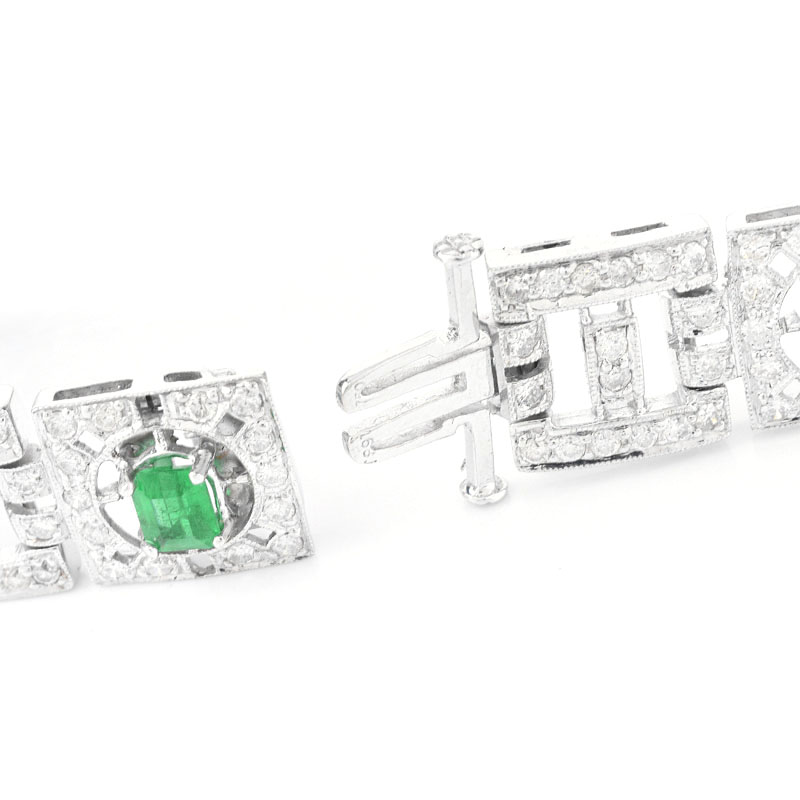 Art Deco style Approx. 4.10 Carat Emerald, 4.80 Carat Round Brilliant Cut Diamond and 18 Karat White Gold Bracelet. 