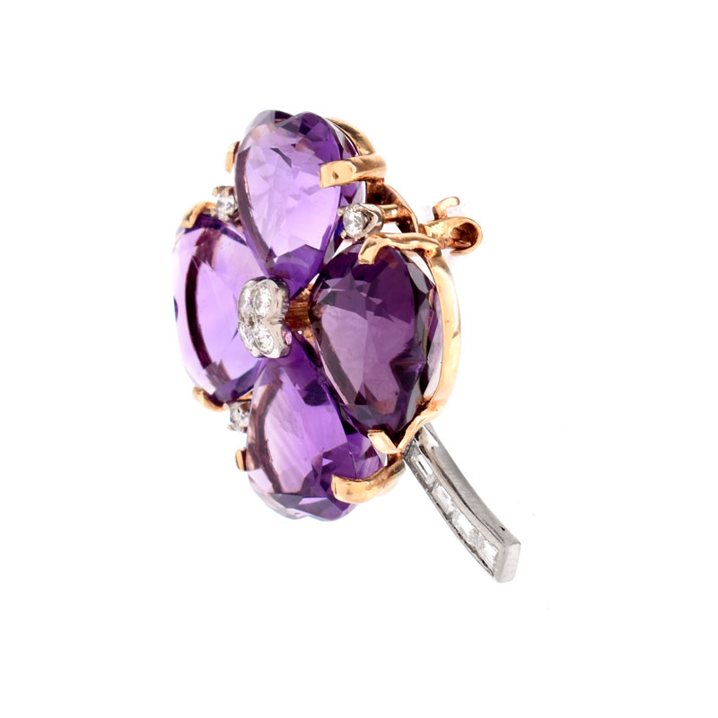 Vintage Round Brilliant and Baguette Cut Diamond, Large Heart Shape Amethyst and 14 Karat Yellow and White Gold Four Leaf Clover Brooch.