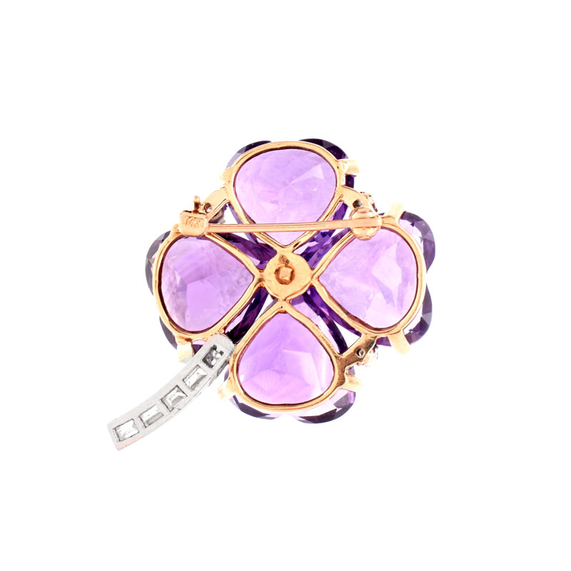 Vintage Round Brilliant and Baguette Cut Diamond, Large Heart Shape Amethyst and 14 Karat Yellow and White Gold Four Leaf Clover Brooch.
