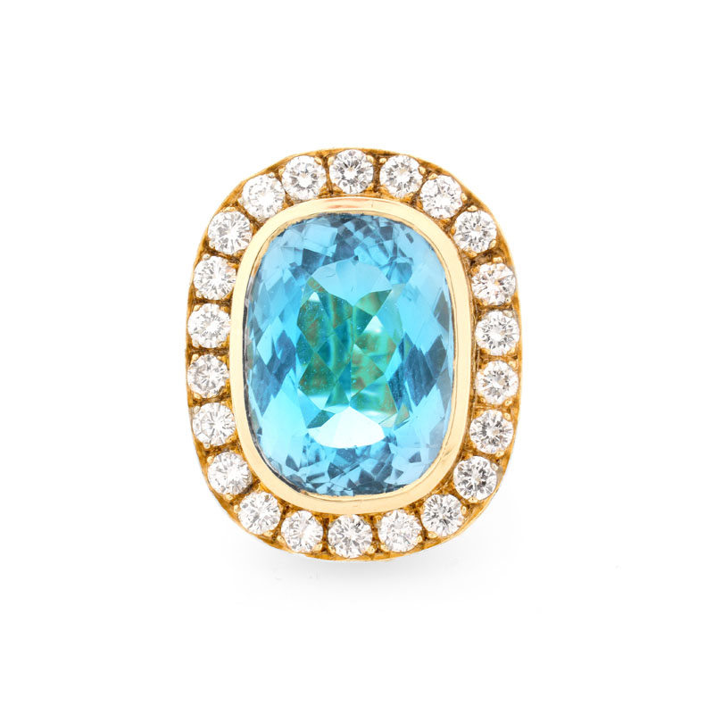 Vintage Approx. 18.0 Carat Oval Cut Aquamarine, 2.50 Carat Round Brilliant Cut Diamond and 18 Karat Yellow Gold Ring. 