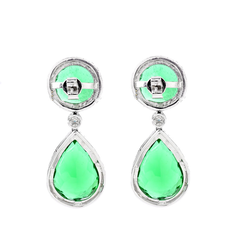 Approx. 27.0 Carat TW Pear Shape Green Quartz, 1.80 Carat Diamond and 14 Karat White Gold Pendant Earrings.