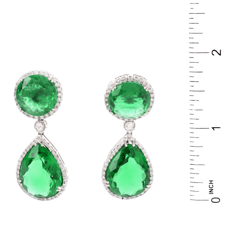 Approx. 27.0 Carat TW Pear Shape Green Quartz, 1.80 Carat Diamond and 14 Karat White Gold Pendant Earrings.