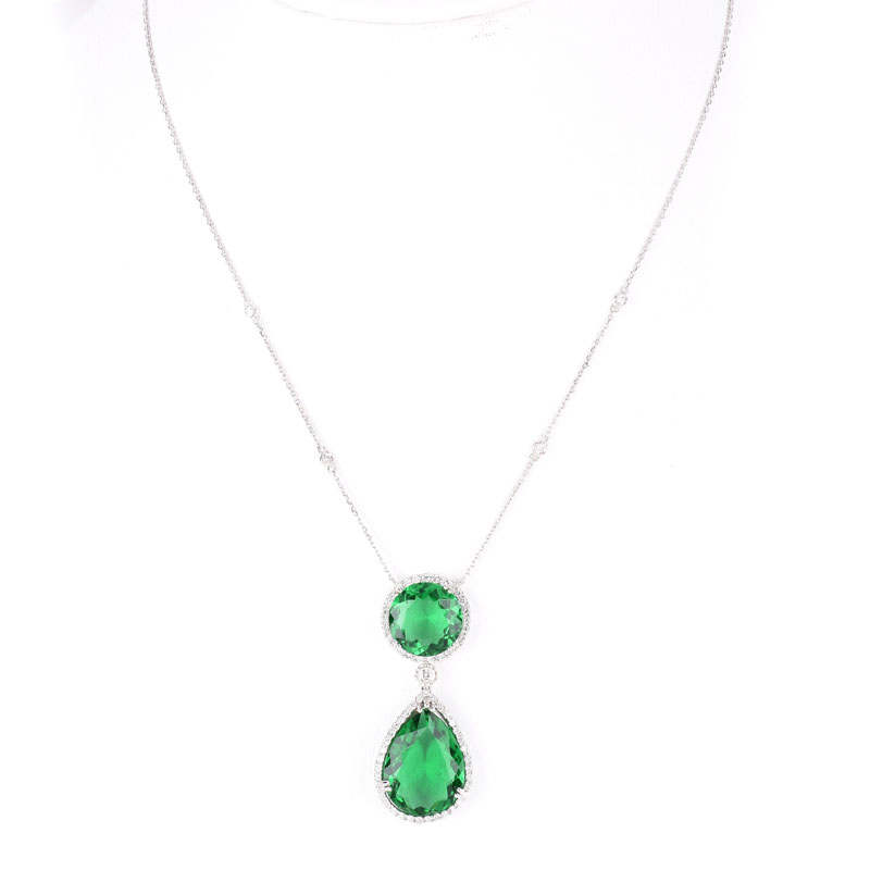 Approx. 18.0 Carat TW Pear Shape Green Quartz, 1.01 Carat Diamond and 14 Karat White Gold Pendant Necklace.