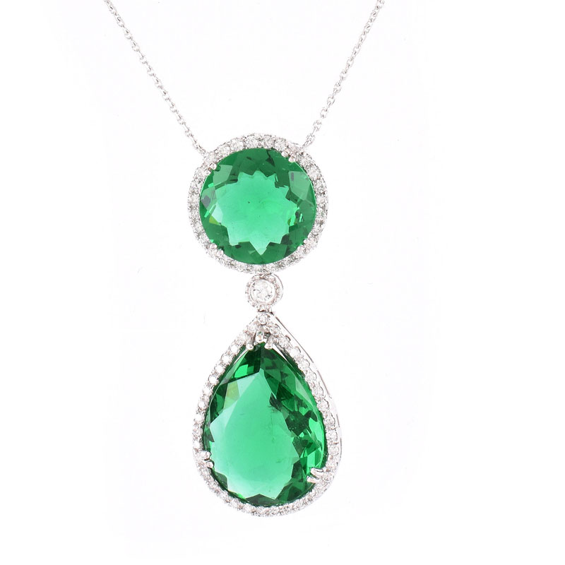 Approx. 18.0 Carat TW Pear Shape Green Quartz, 1.01 Carat Diamond and 14 Karat White Gold Pendant Necklace.