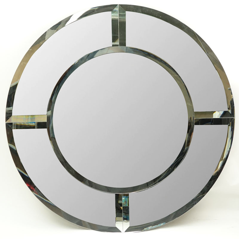 Late 20th Century Karl Springer Style "Saturn" Beveled Mirror. Good condition. Measures 42" Dia.