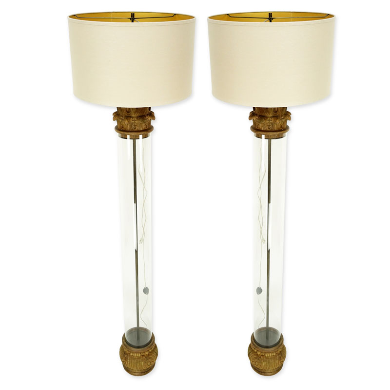 Pair of Neoclassical Style Carved Gilt Wood and Glass Corinthian Floor Lamps with Drum Shades by Restoration Hardware.