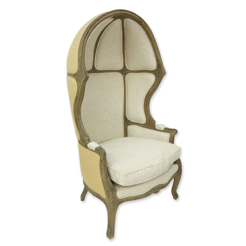 Louis XV Style Versailles Carved Oak, Burlap Backed and Belgian Linen Porter Chair by Restoration Hardware. 
