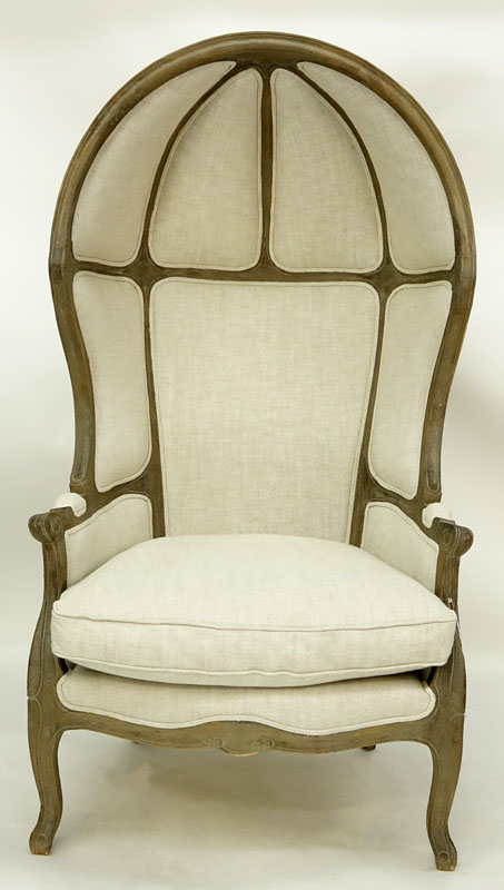 Louis XV Style Versailles Carved Oak, Burlap Backed and Belgian Linen Porter Chair by Restoration Hardware. 