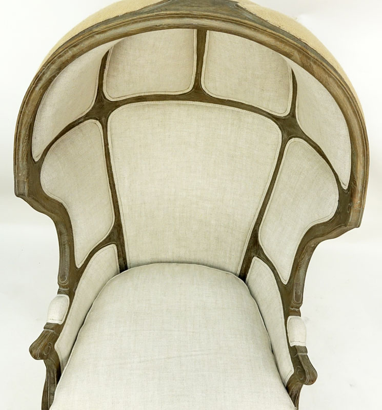 Louis XV Style Versailles Carved Oak, Burlap Backed and Belgian Linen Porter Chair by Restoration Hardware. 