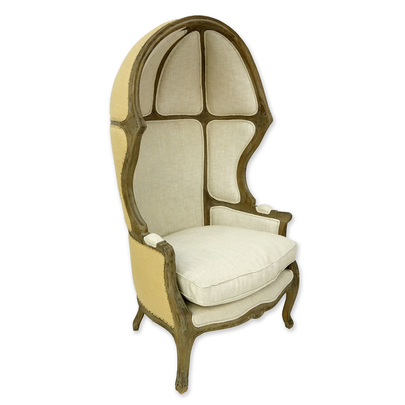 Louis XV Style Versailles Carved Oak, Burlap Backed and Belgian Linen Porter Chair by Restoration Hardware.