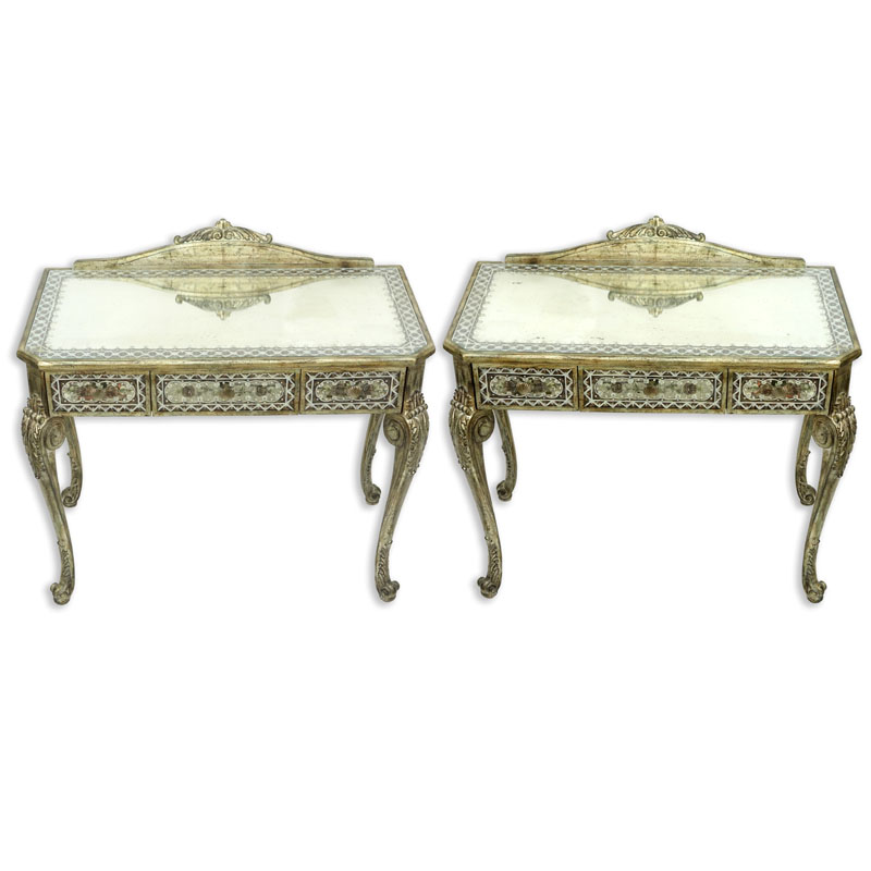 Pair of La Barge Venetian Style Mirrored, Painted, and Wood Side Tables.