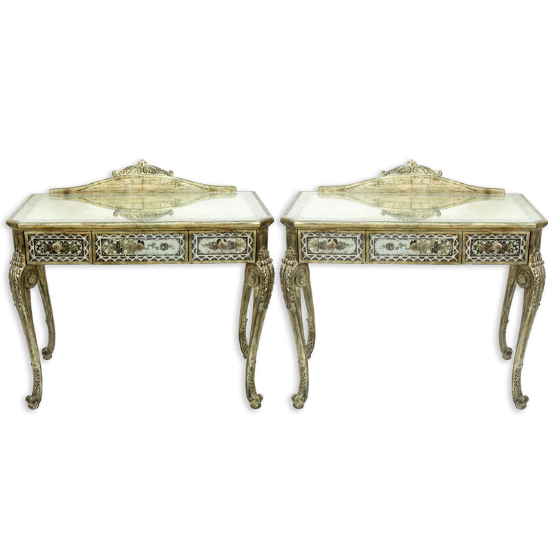 Pair of La Barge Venetian Style Mirrored, Painted, and Wood Side Tables.