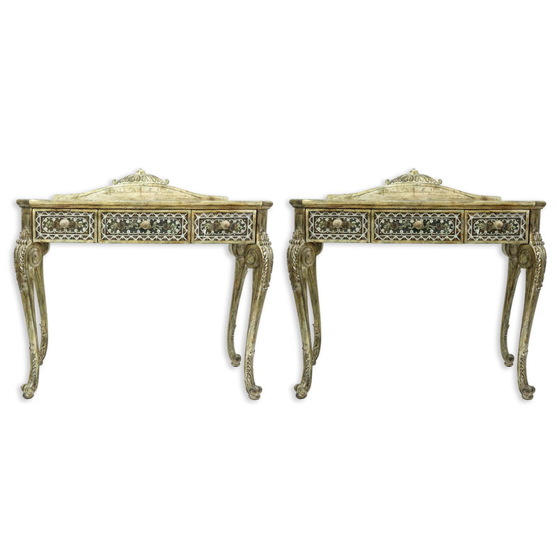 Pair of La Barge Venetian Style Mirrored, Painted, and Wood Side Tables.