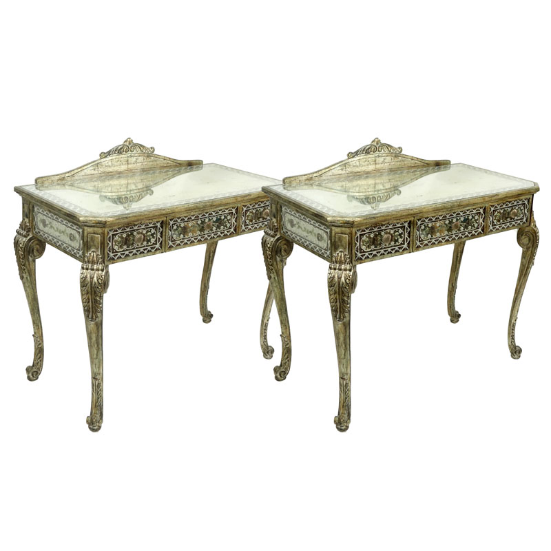 Pair of La Barge Venetian Style Mirrored, Painted, and Wood Side Tables.