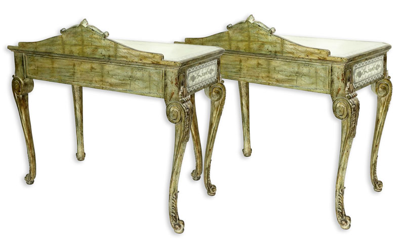 Pair of La Barge Venetian Style Mirrored, Painted, and Wood Side Tables.