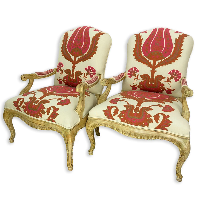 Pair of Vintage Carved Wood and Fine Custom Floral Upholstered Fauteuils.