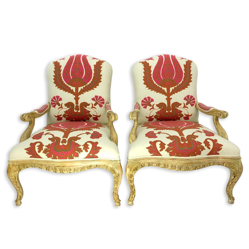 Pair of Vintage Carved Wood and Fine Custom Floral Upholstered Fauteuils.