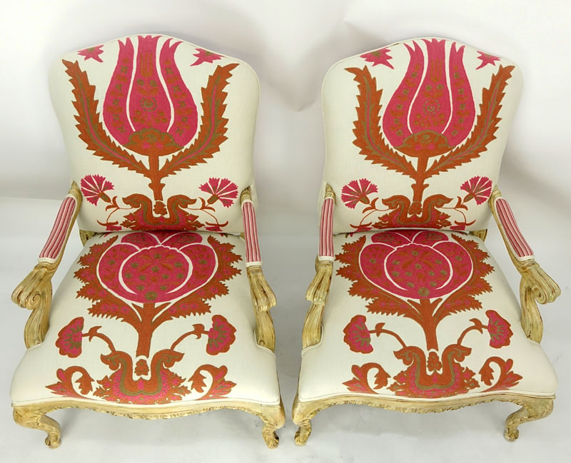 Pair of Vintage Carved Wood and Fine Custom Floral Upholstered Fauteuils.