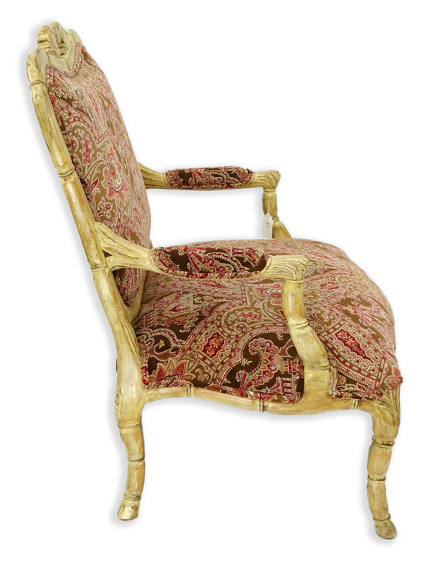 Vintage Carved Wood and Fine Custom Upholstered Fauteuil.