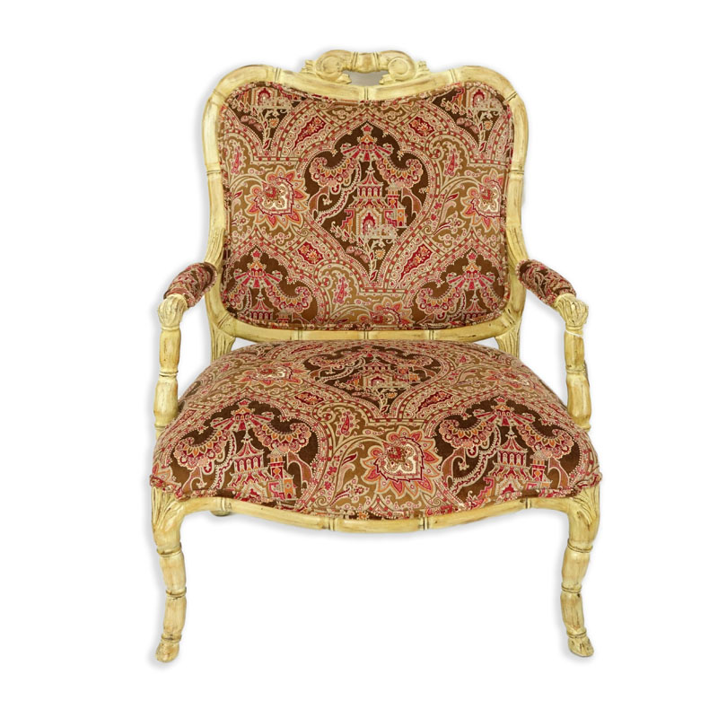 Vintage Carved Wood and Fine Custom Upholstered Fauteuil.