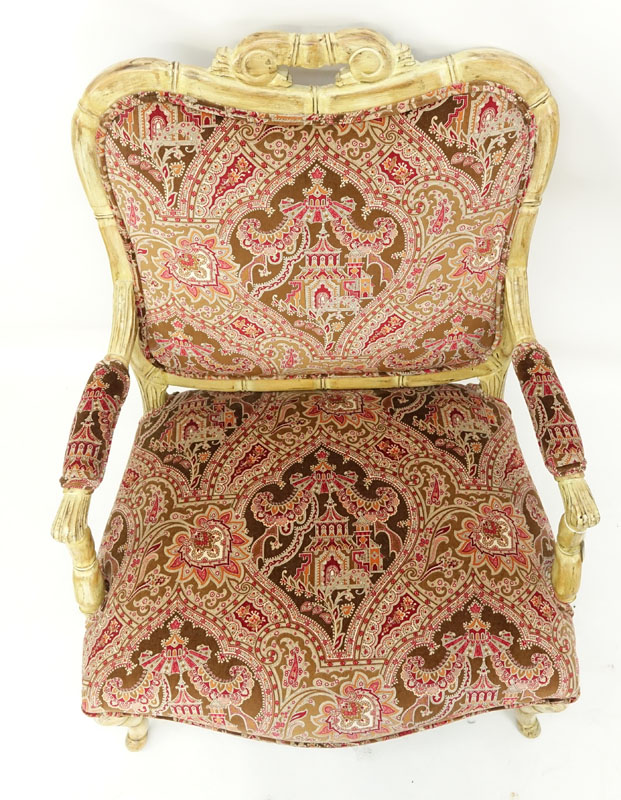 Vintage Carved Wood and Fine Custom Upholstered Fauteuil.