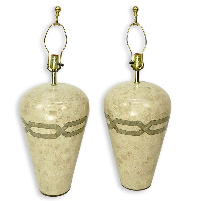 Pair of Mid Century Modern Karl Springer Style, Tessellated Stone Lamps.