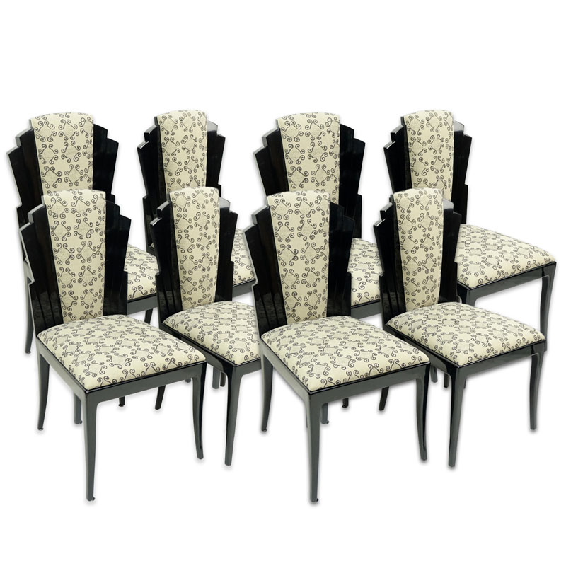 Set of Eight (8) Vladimir Kagan, American (1927 - 2016) Black Lacquer and Upholstered Side Chairs.