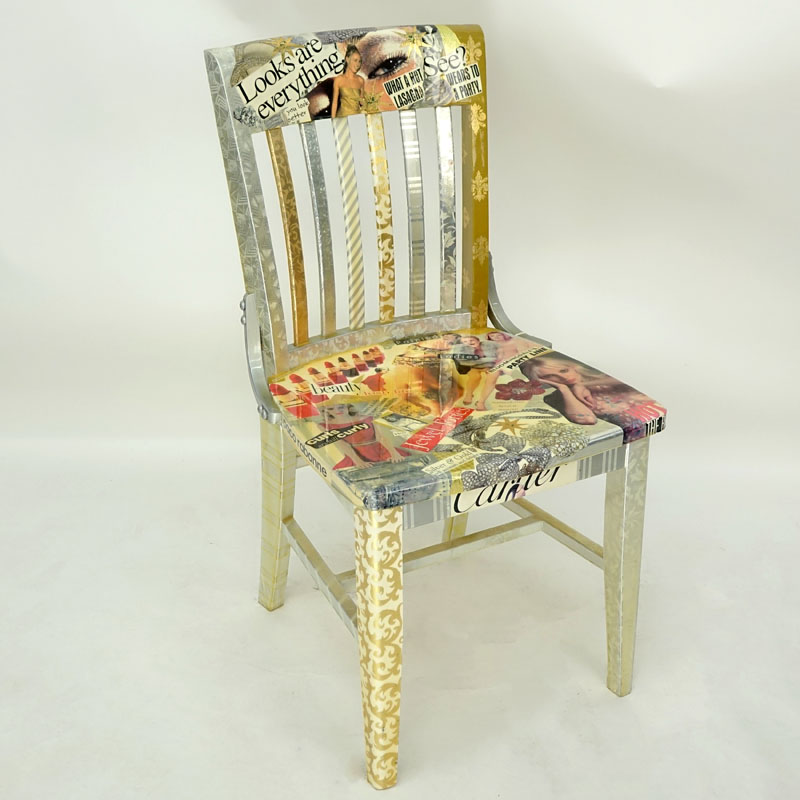 Missy Robbins for Hot Things Inc., Original Wood Side Chair with Collage Under Varnish. 