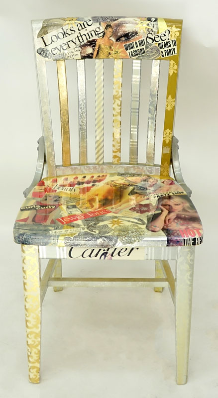 Missy Robbins for Hot Things Inc., Original Wood Side Chair with Collage Under Varnish. 