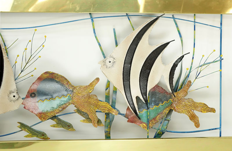 Curtis Jere, Chinese/American (1910 - 2008) Polychrome Metal and Brass "Aquarium" Wall Hanging Sculpture. 