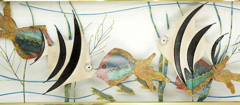 Curtis Jere, Chinese/American (1910 - 2008) Polychrome Metal and Brass "Aquarium" Wall Hanging Sculpture. 